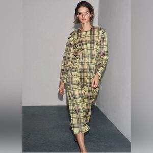 ZARA Yellow Cotton Plaid Midi Dress Bloggers Favorite Size XS